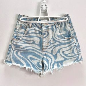 TIGER MIST “Claudia” High Waist Swirl Print Denim Shorts Fringed Raw Edge